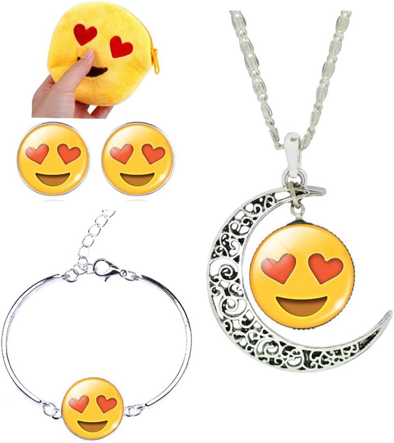 3 Pack Funny Emoji Necklace & Bracelet & Earrings Emoji Jewelry Set for Women Girls Kids Party Favors (Double Love)