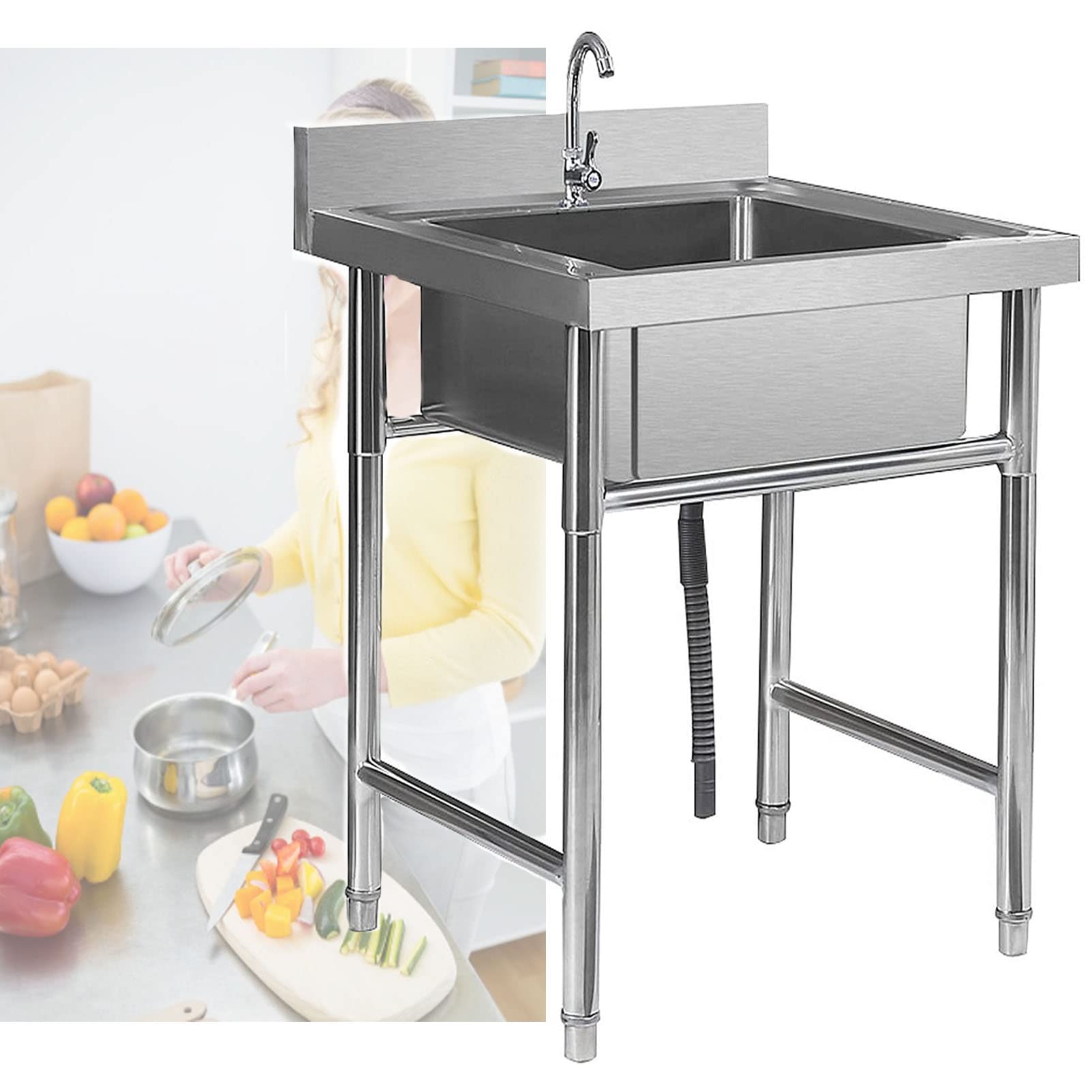 WIQUYBML 304 Stainless Steel Handmade Sink Kitchen Hand Made 1 Compartment Capacity Huge Tub for Farmhouse Cafe Shop Hospital, Silver
