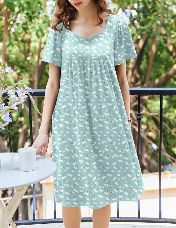 Image of Ekouaer Women's House Dress - Pleated Nightgown with Short Sleeves & Pockets