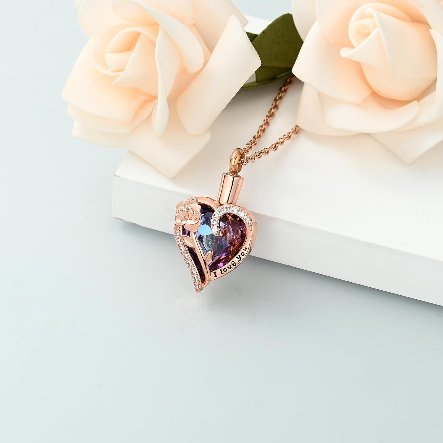 shajwo Rose Flower Heart Cremation Urn Necklace for Ashes Jewelry for Women Men Memorial Human Ashes Crystals Pendant - Image 3