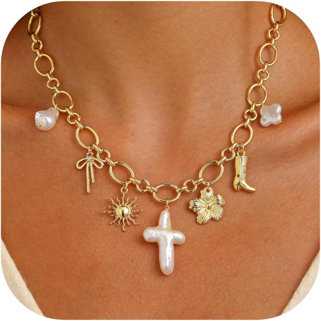 Chunky Charm Cross Pearl Necklace For Women Seashell Shell Starfish Beach Bow 14K Gold Plated Pendant Summer Jewelry