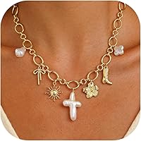 JALZEMPL Chunky Cross Pearl Necklace for Women - 14K Gold Plated Seashell Starfish Beach Charm Pendant Summer Jewelry