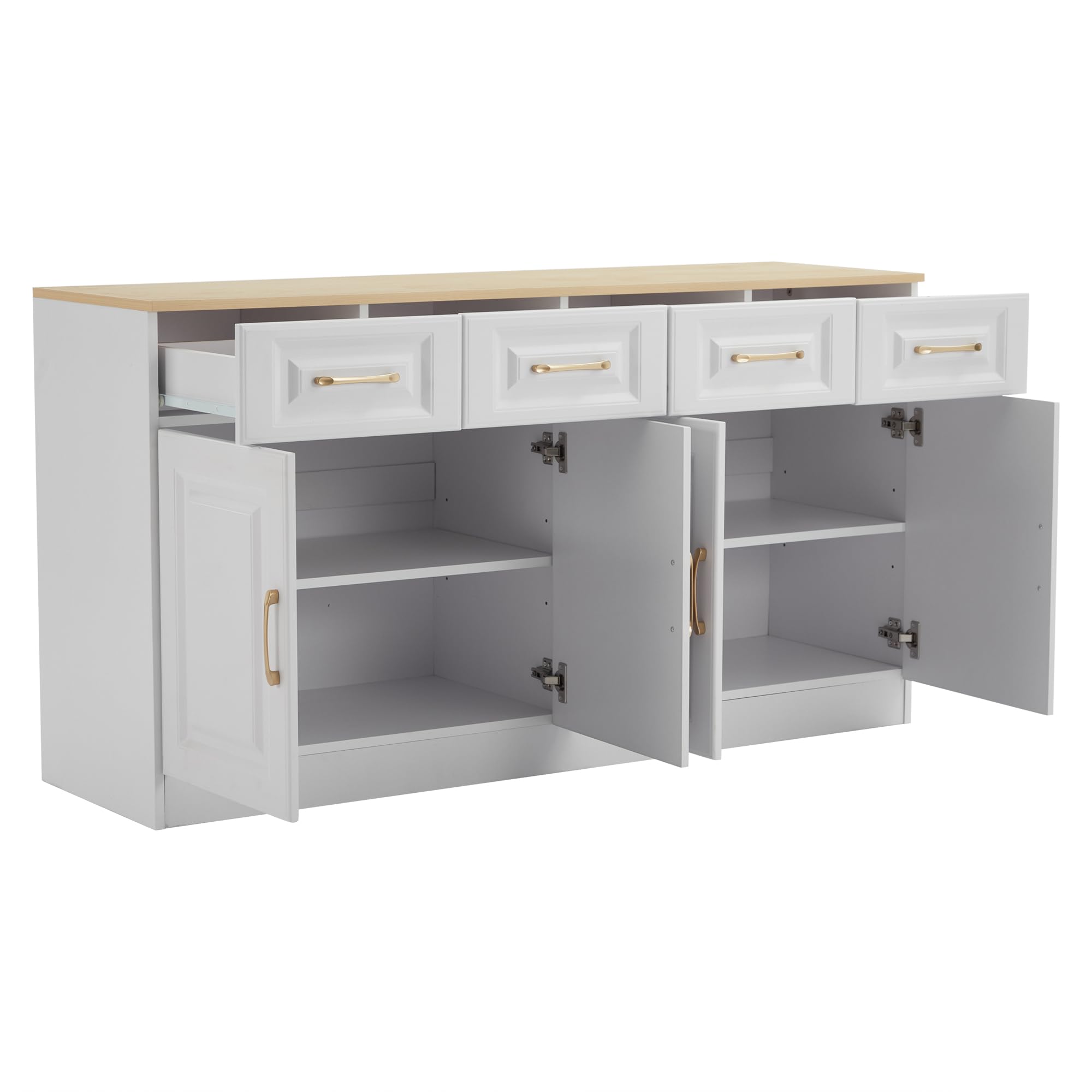 Aparador Cocina, Aparador Mueble De Cocina, Buffet Comedor con 4 Cajones y 4 Puertas, Mueble Bar, Aparadors Vitrina para Dormitorio, para Salon, Comedor, Sala de Estar, 140×40×75 cm (Blanco-A)