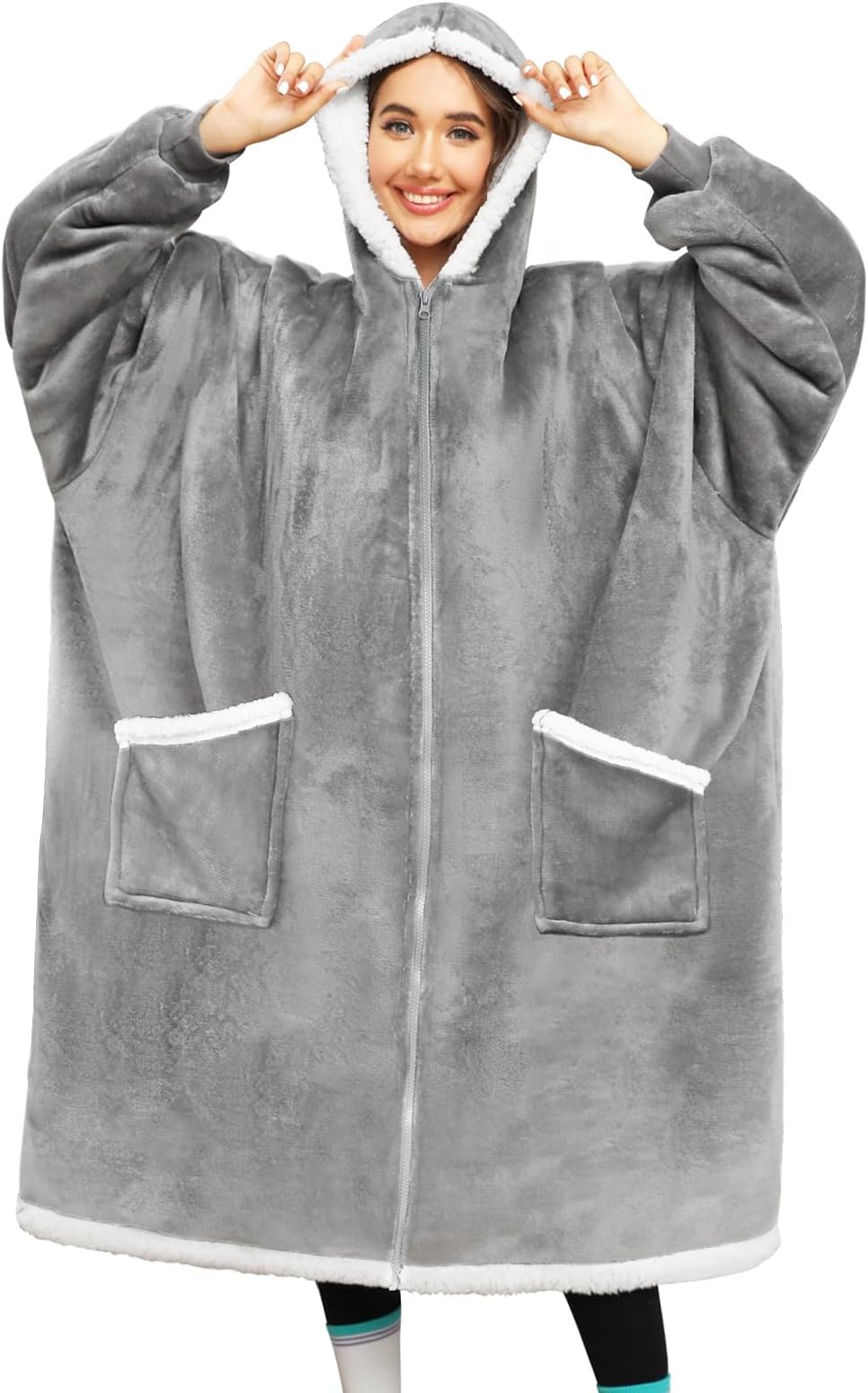 CMTOP Oversized Sherpa Blanket Hoodie, Fleece Wearable Hoodie Blanket One Size Fits All, Zip Up Flannel Warm & Soft Fluffy Giant Hoodie Sweatshirt for Adult