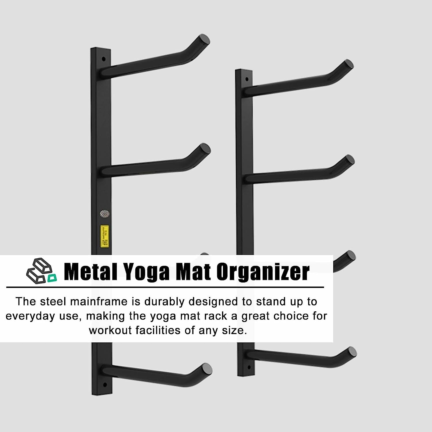 Heavy Du - Supporto da parete in metallo nero per casa e palestra, supporto per tappetino da yoga a 4 livelli, rullo in schiuma e bande di resi, soluzione salvaspazio per il fitness