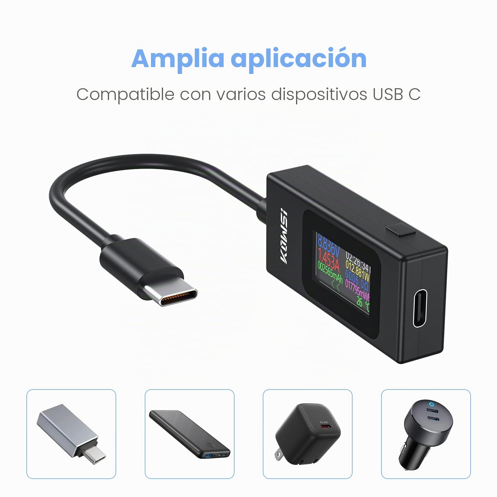 YOJOCK USB C Tester Medidor de Potencia 4-30V 0-6.5A Medidor de Voltaje y Corriente, Capacidad USB, Temperatura de Trabajo Amperímetro Voltímetro Banco de energía Cargador Detector