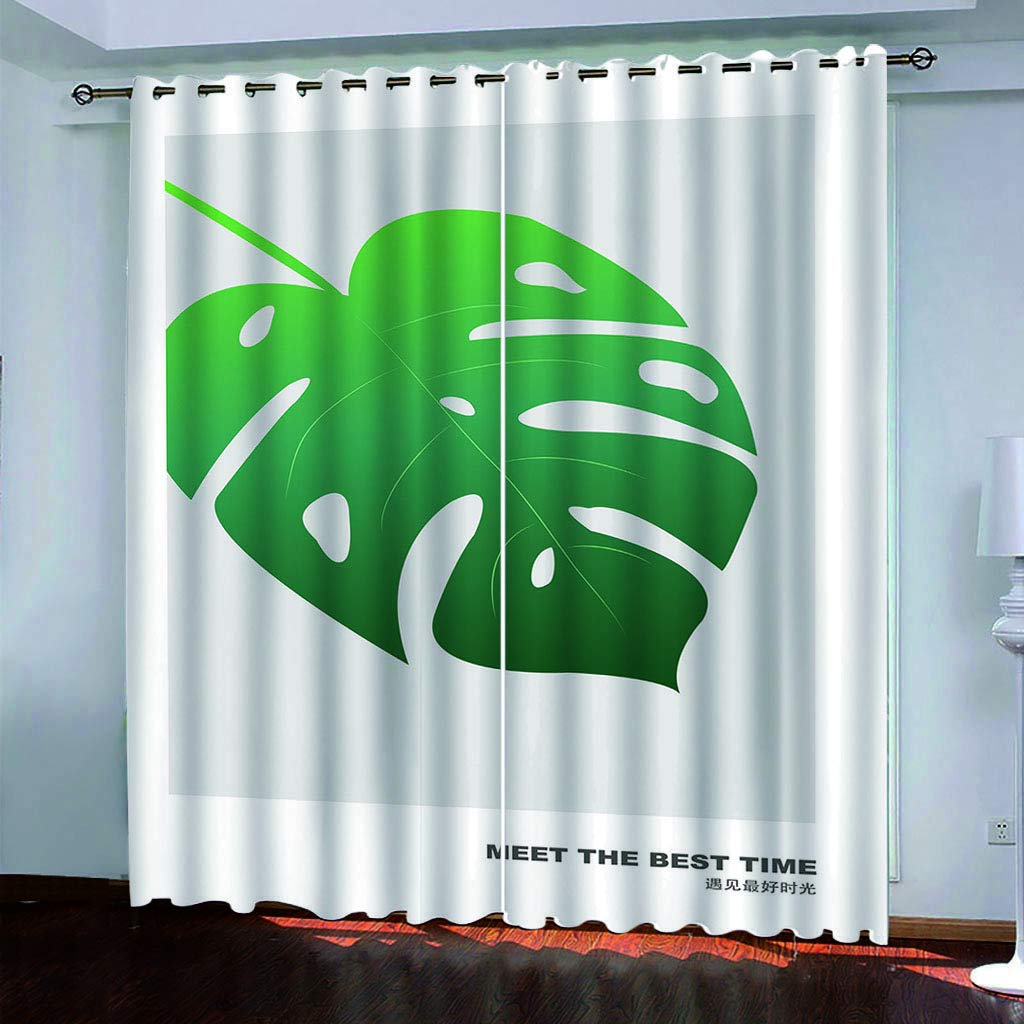 Maynuo Boys Green Blackout Curtains For Bedroom Simple Leaf Print Print 3D Pattern Eyelet Thermal Insulated Kids Girls 55X62inch Curtain For Living Room