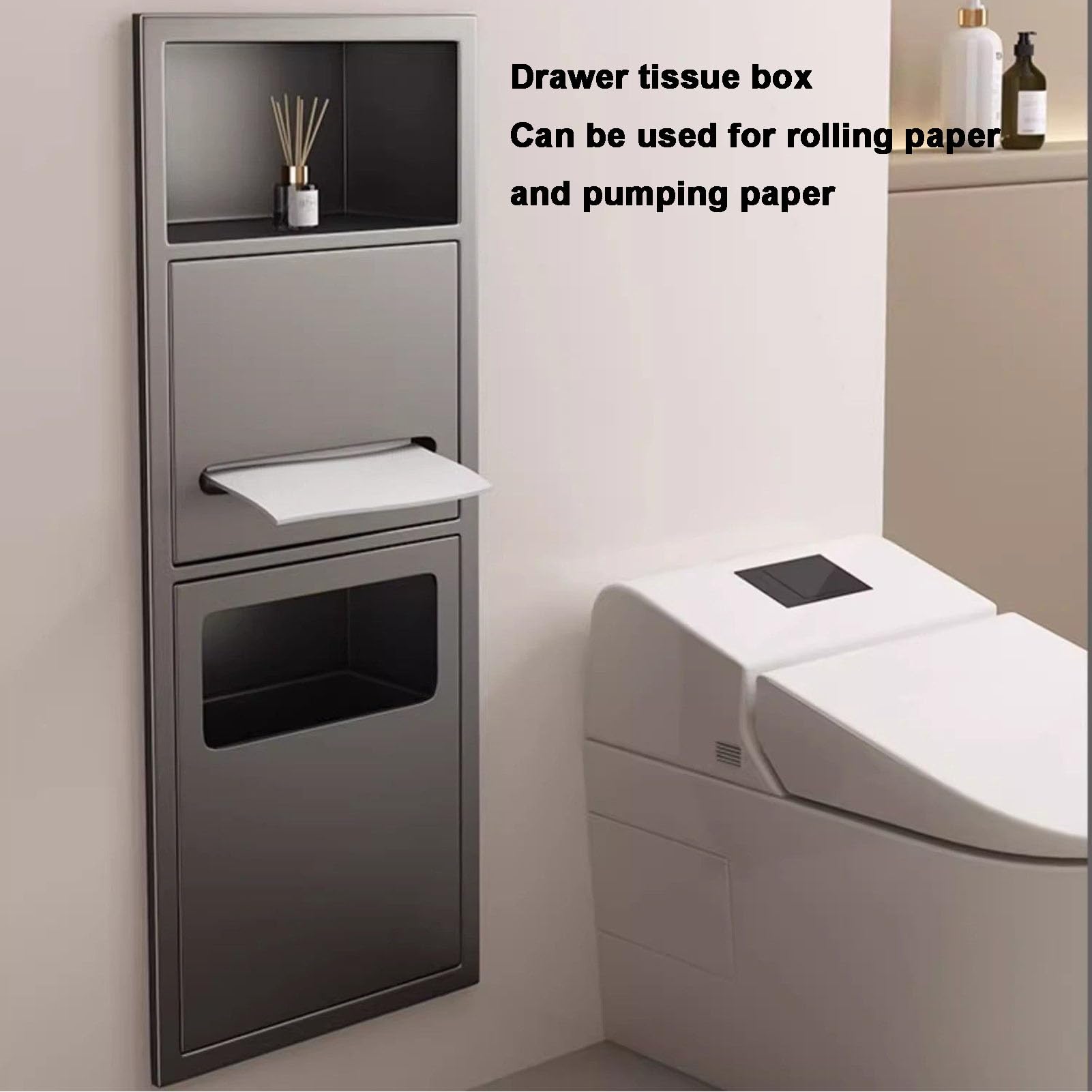 Mensola da parete in acciaio inox con cestino integrato impermeabile, porta accessori da bagno, dispenser di carta igienica e portascopino