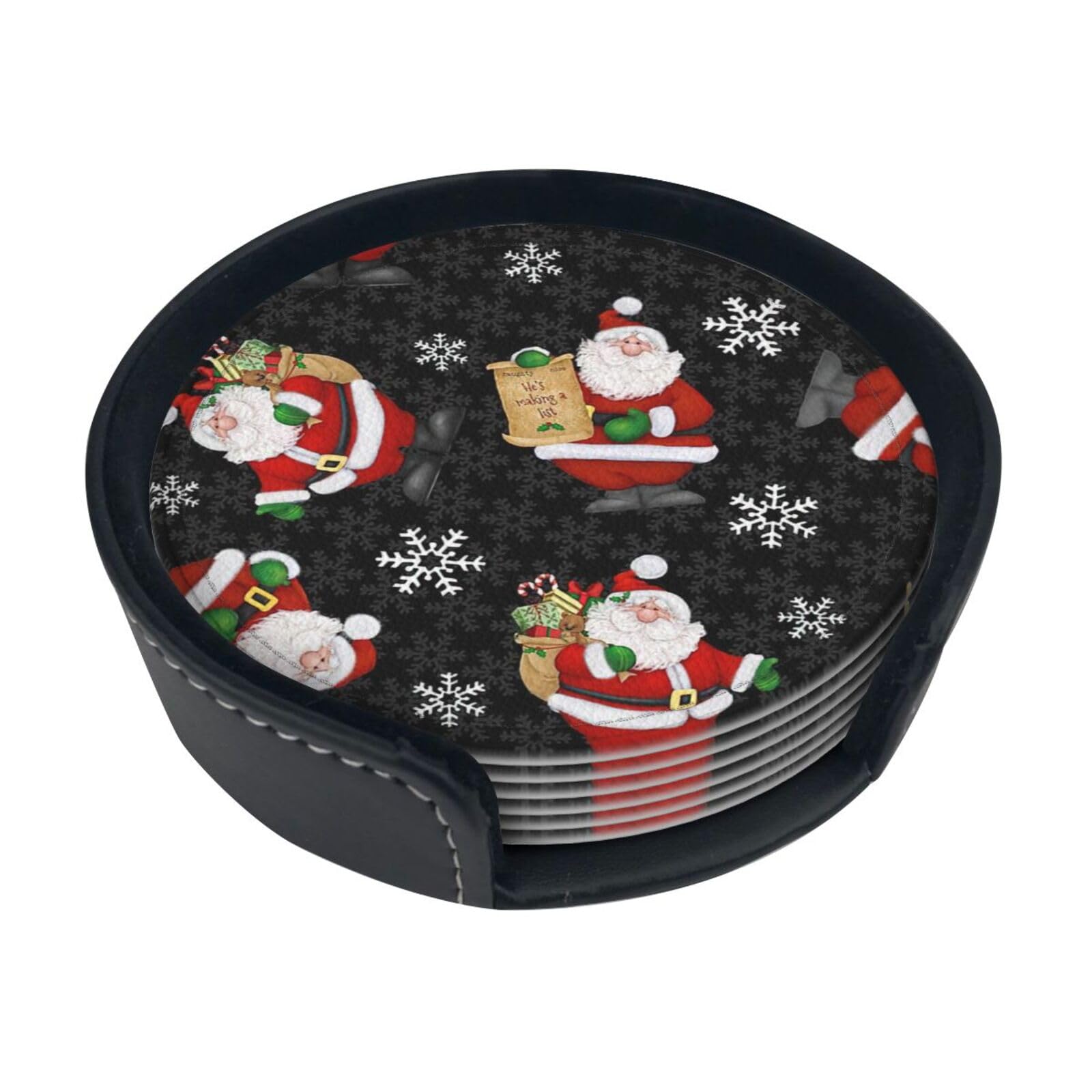 Merry Christmas Happy Print Round Coasters Set Of 6,Coaster For Tabletop Protection Home Bar Decor