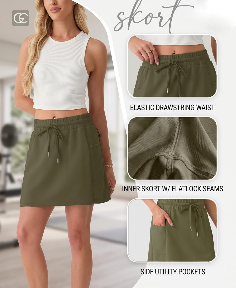 GRECERELLE Damen Sportröcke Tennis Sommer Elastische Taille Minirock A Linie Sommer lässig mit 2 Tiefen Taschen und Seitenschlitz