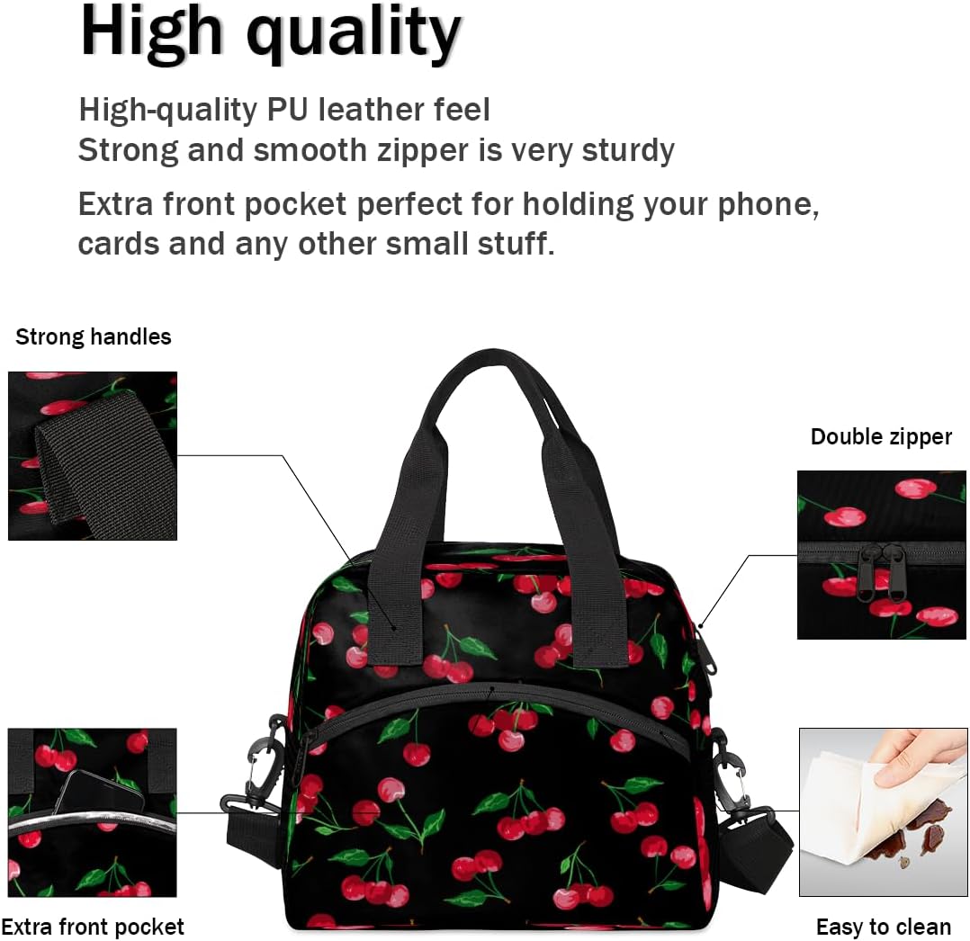 Cherry Pattern Insulated Lunch Bag for Women Men, Reusable Lunch Box Container with Adjustable Shoulder Strap Large Leakproof Thermal Lunch Cooler Bag for Adult Work Picnic Office