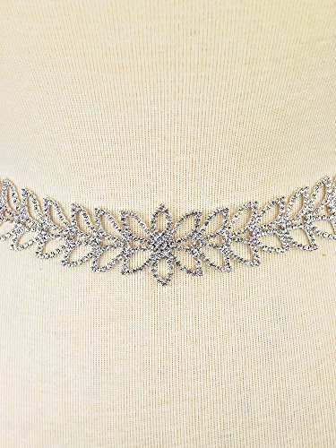 Women's Wedding Leaf Rhinestone Pattern Sash Belt with Mesh Ribbon, Silver-Tone3