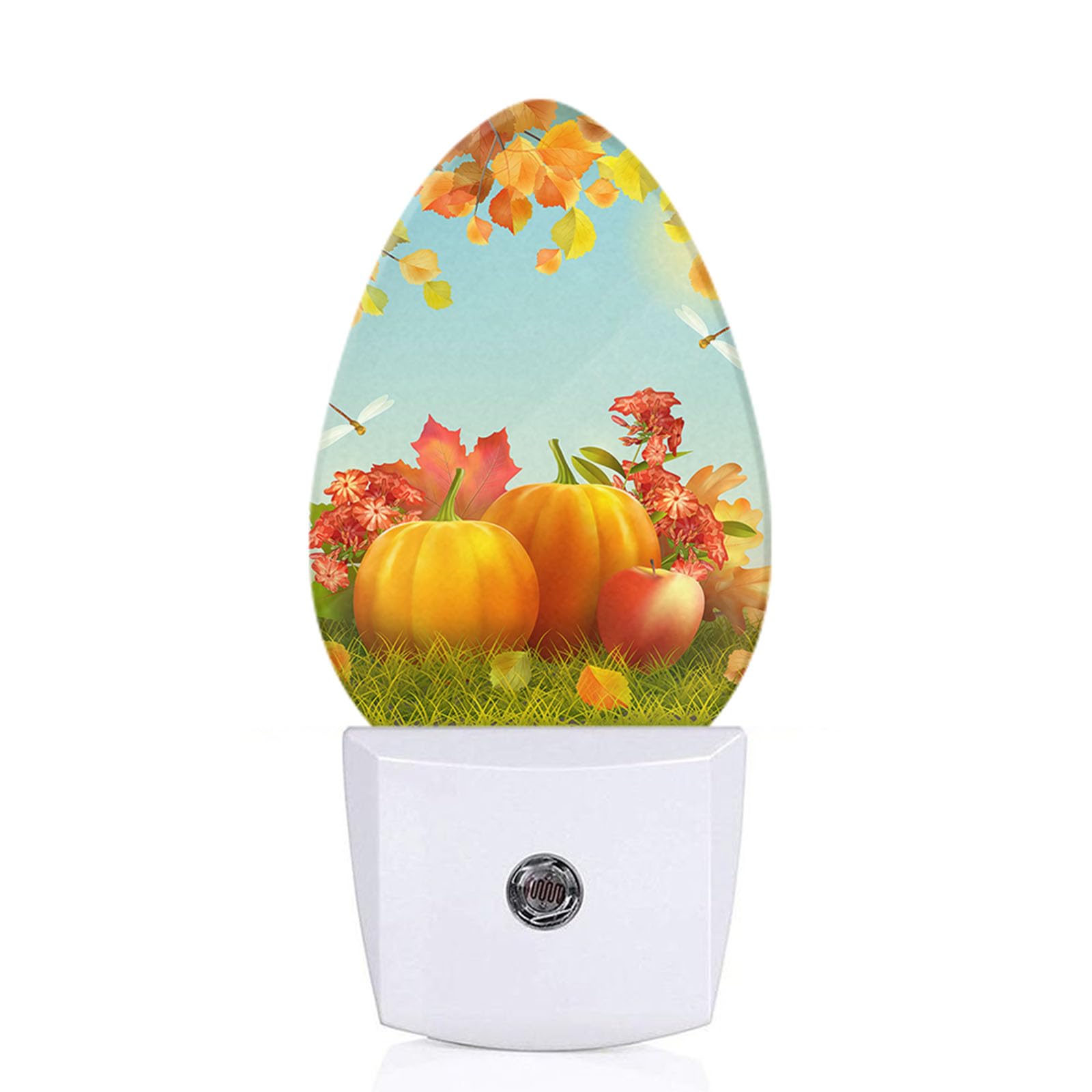 Swono Plug in Fall Autumn Night Light Thanksgiving with Harvest Pumpkins Fallen Maple Leaves Dragonfly Night Lights Plug into Wall LED Nightlight for Home Living Room Bedroom Bathroom