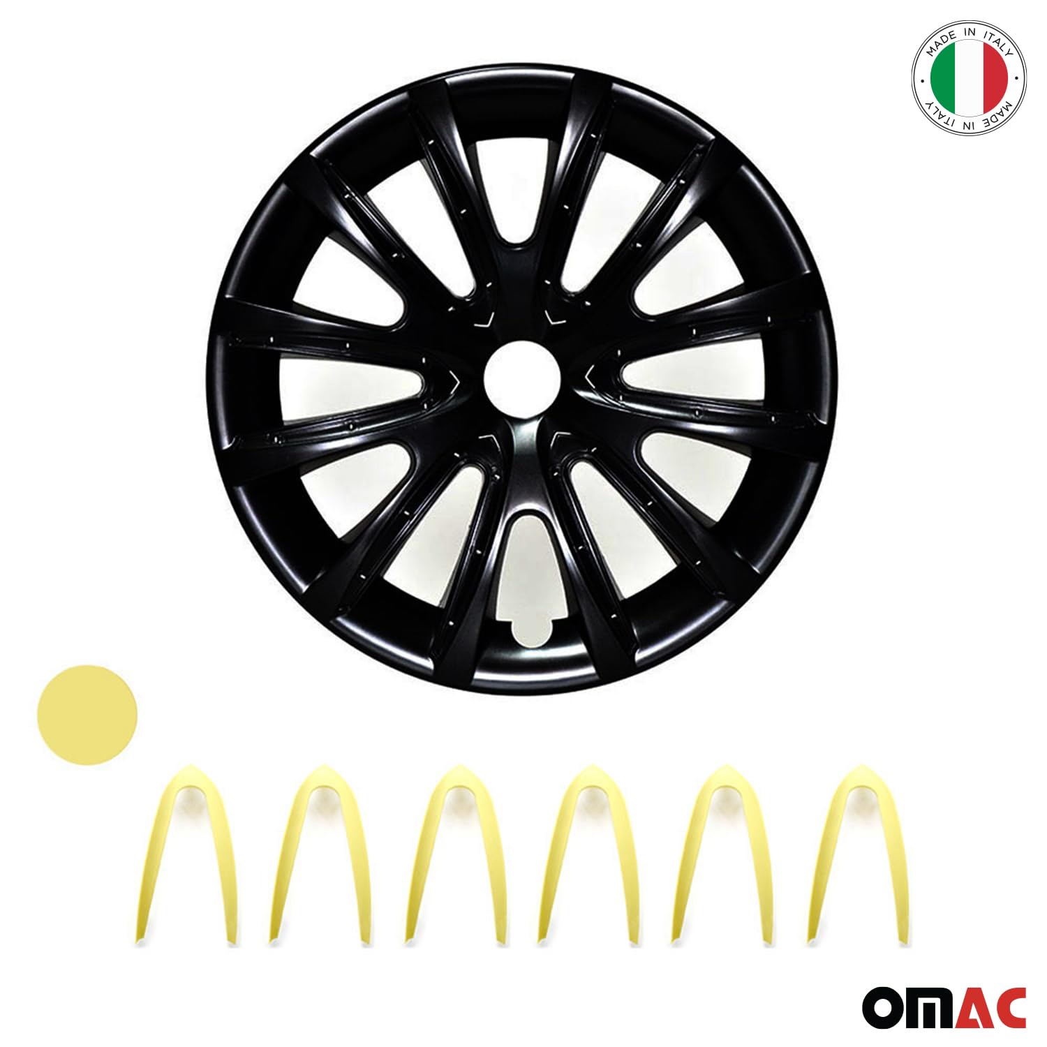 OMAC 4X Radkappen Radzierblenden Radblenden 15" Zoll Stahlfelgen Matt Schwarz-Gelb