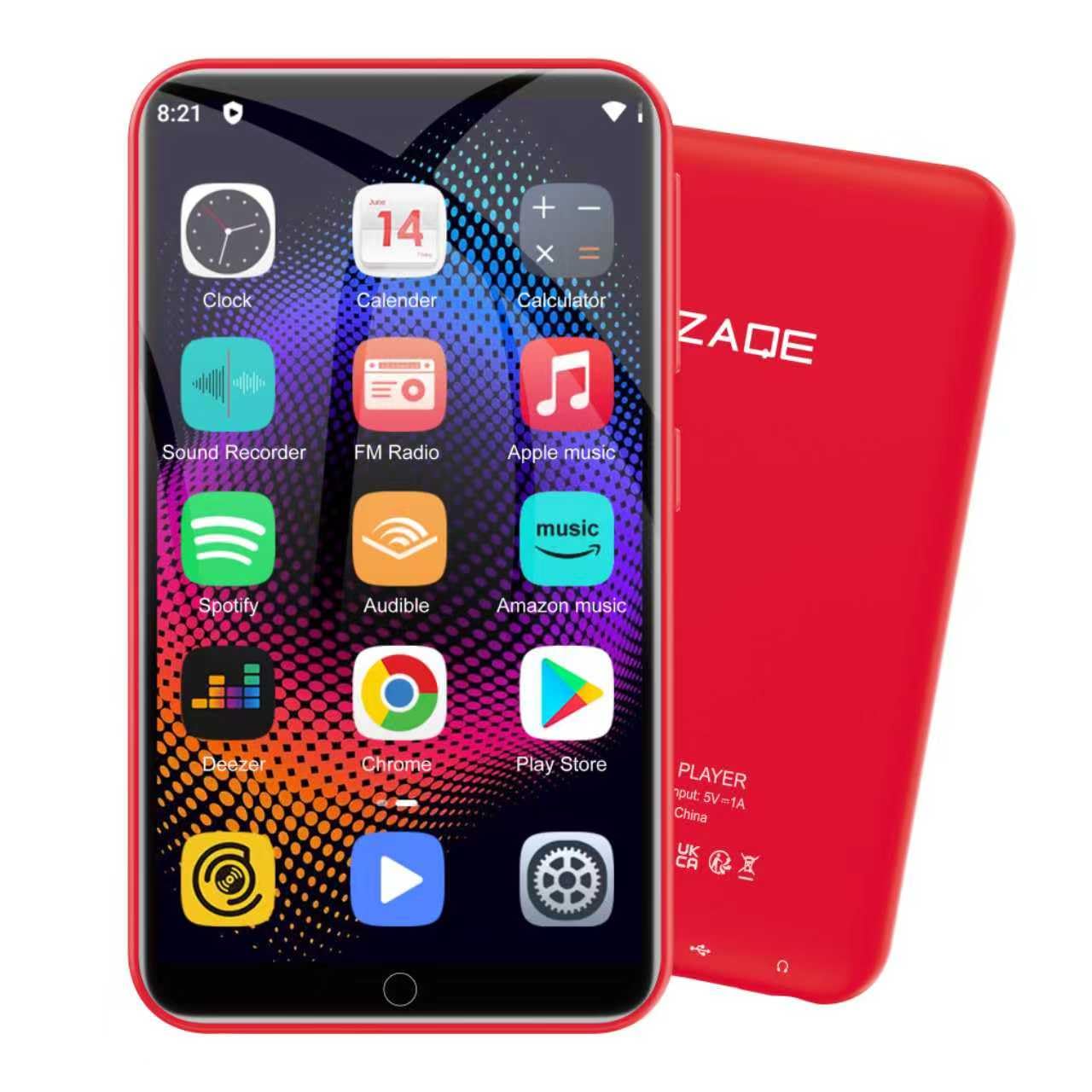 Lecteur MP3 de 80 Go avec Spotify, Wi-FI et Bluetooth, écran Tactile ZAQE de 4 Pouces, Lecteur MP4 sous Android 13, Compatible Audible, Radio FM, Amazon Music, Deezer, Play Store (Rouge)