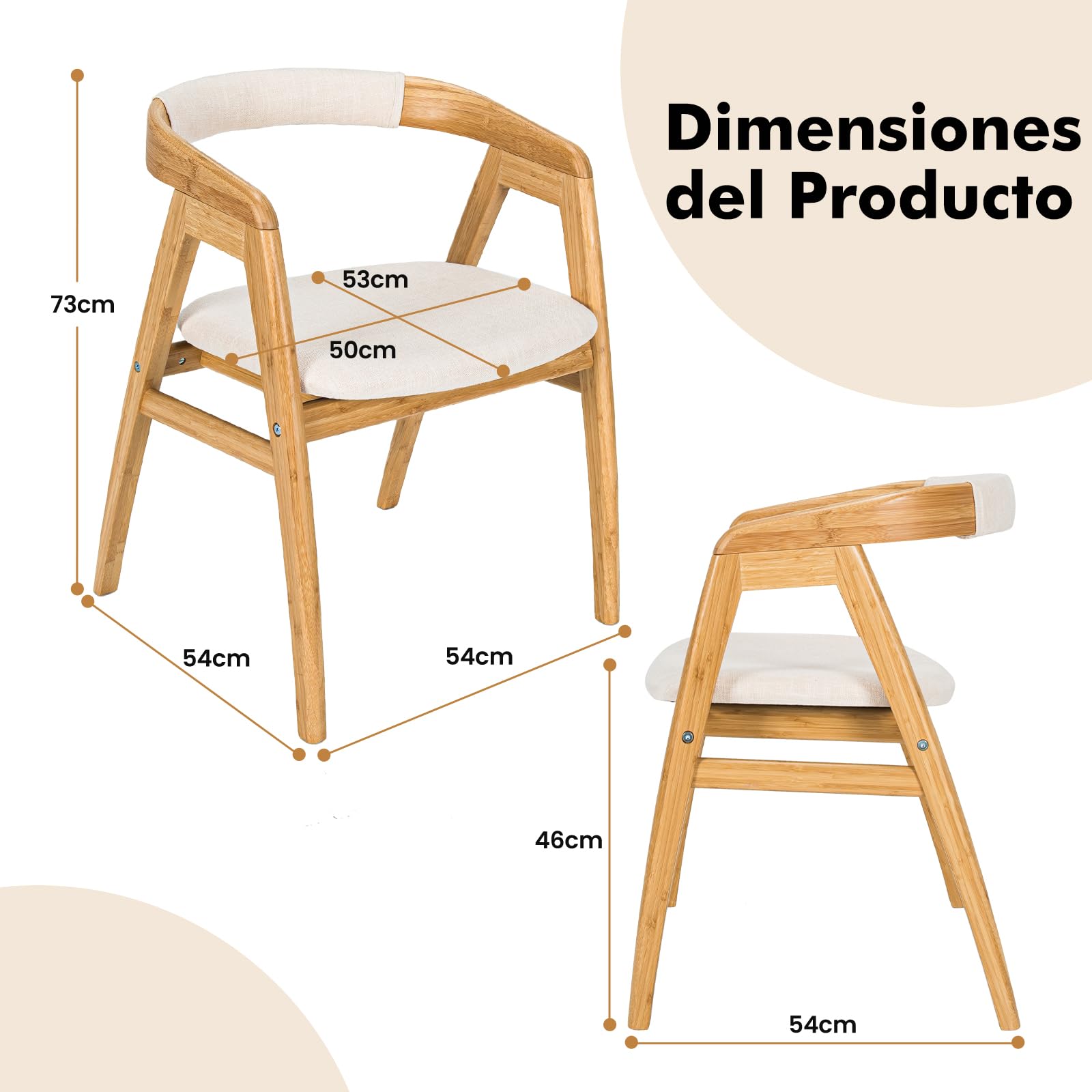 COSTWAY Silla Comedor de Bambú, Silla Tocador con Respaldo Curvo y Cojín, Sillas Salon Cocina Dormitorio, Natual, 57 x 54 x 73 cm