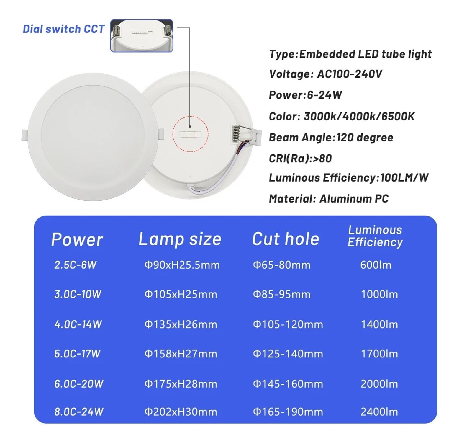Lote de 10 focos LED empotrados de 110 V, 220 V, con interruptor de dial, CCT 3000 K, 4000 K, 6500 K, panel de luz LED redondo de 10 W, 24 W, iluminación interior puntual(6W)