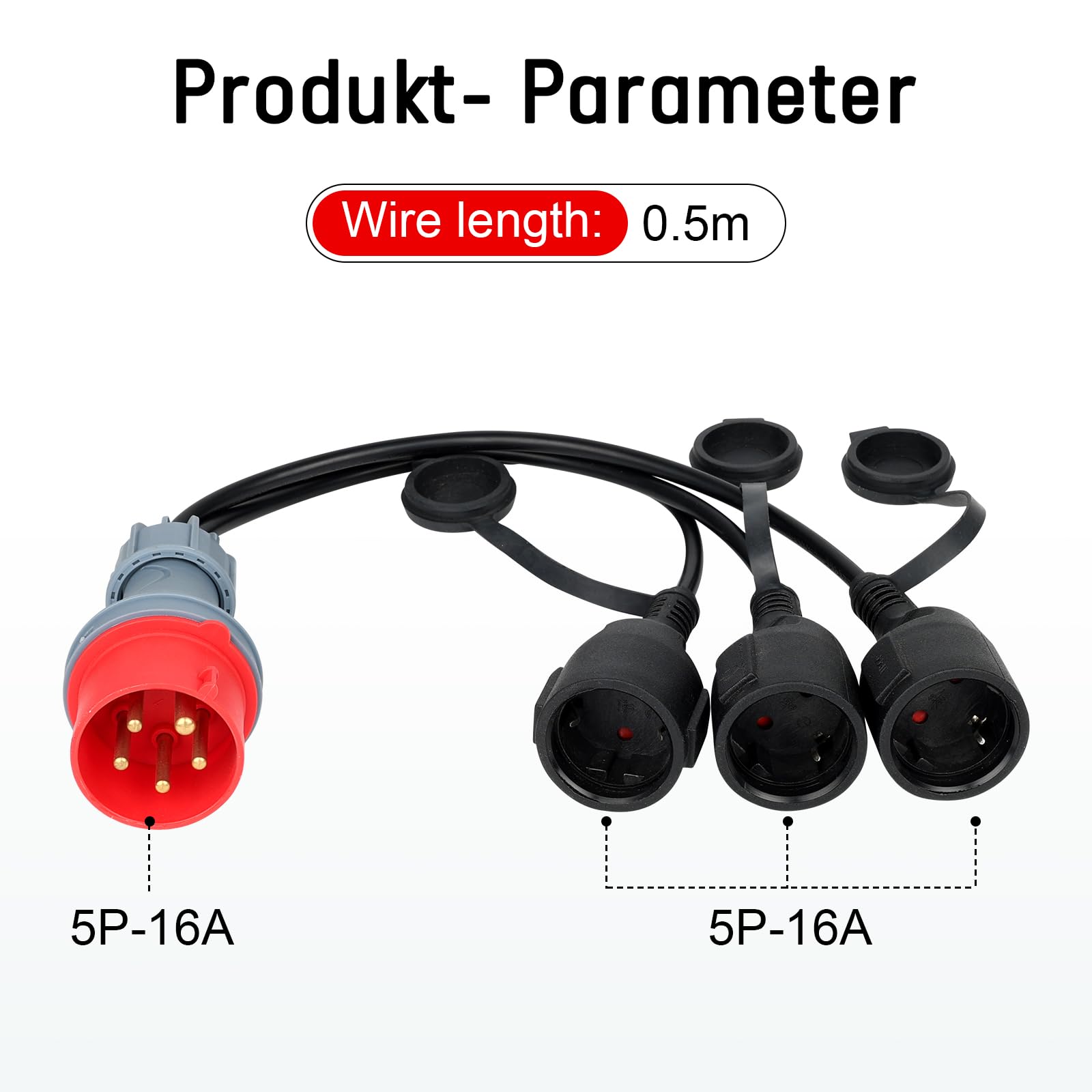Adaptateur CEE - Répartiteur de courant fort - 400 V - 16 A - Fiche vers 3 x 230 V - Câble d'extension de courant fort - Câble adaptateur CEE de camping avec couvercle rabattable et fiche de contact