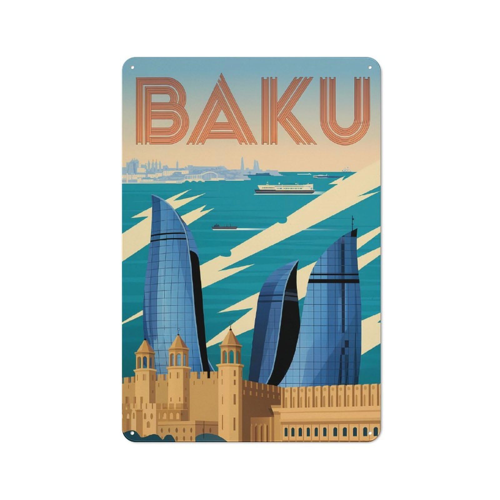 Junmoney Style-2 Tin Wall Plaque 30X20cm With Baku Cityscape Travel (2) For Garage Wall, For People Furnishing A Garage, For Retro Home Interiors