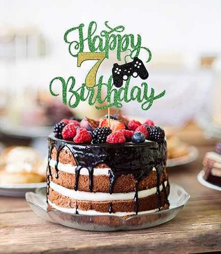 Miniatura 3 de Crseniny Lucky Green Glitter Happy 7th Birthday - Decoración de pastel de videojuegos decoración de pastel de cumpleaños de 7 años para fiesta de