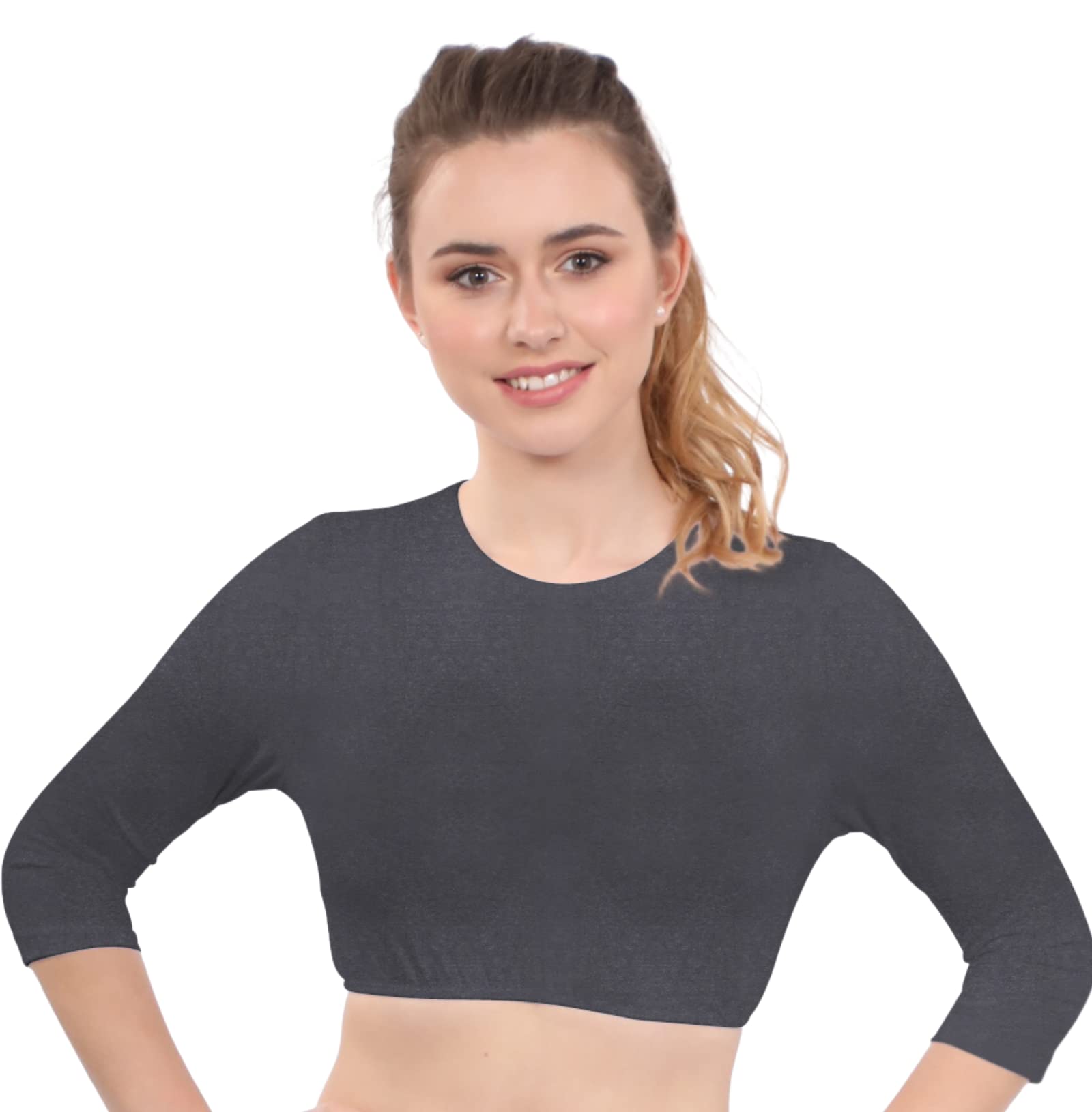 Kosher Casual Women's Modest High Neck Cropped Layering Shell - Cotton Spandex 3-4 Sleeve Base Pullover Top