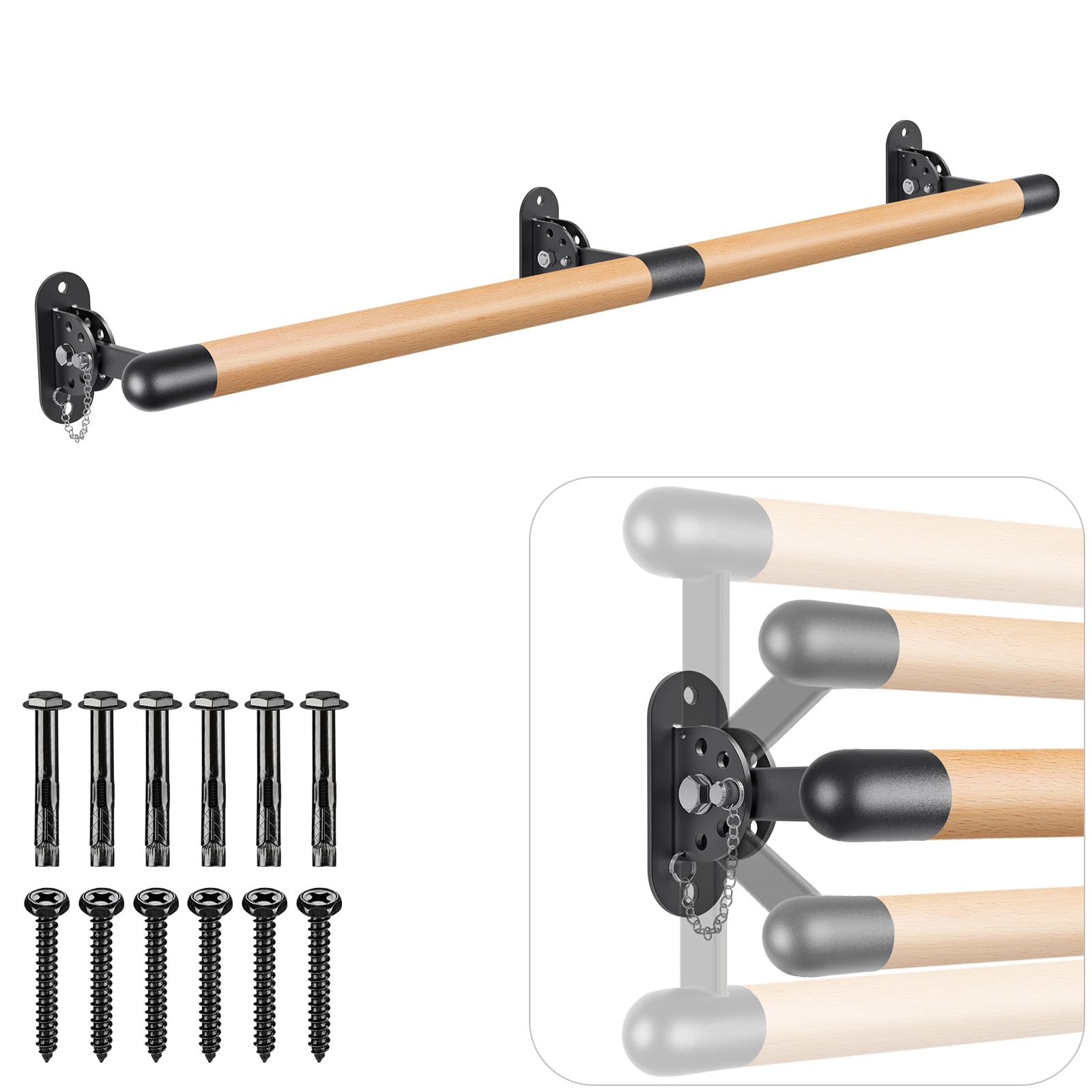 90-250cm Ballet Barre, Adjustable Wooden Dance Stretching Bar Wall Mounted Home Barre Workout Equipment with Metal Support Bracket Holder for Girls Kids and Adults, 4cm Diameter