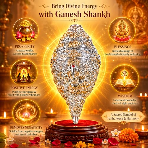 Image of 999 Pure Silver Plated & 24K Gold Plated 5.5 Inch Ganesh Shankh with Premium Gift Box | Ganesh Idol for Home Decor, Mandir & Vastu | Wedding Gift for Couples | Housewarming Gift