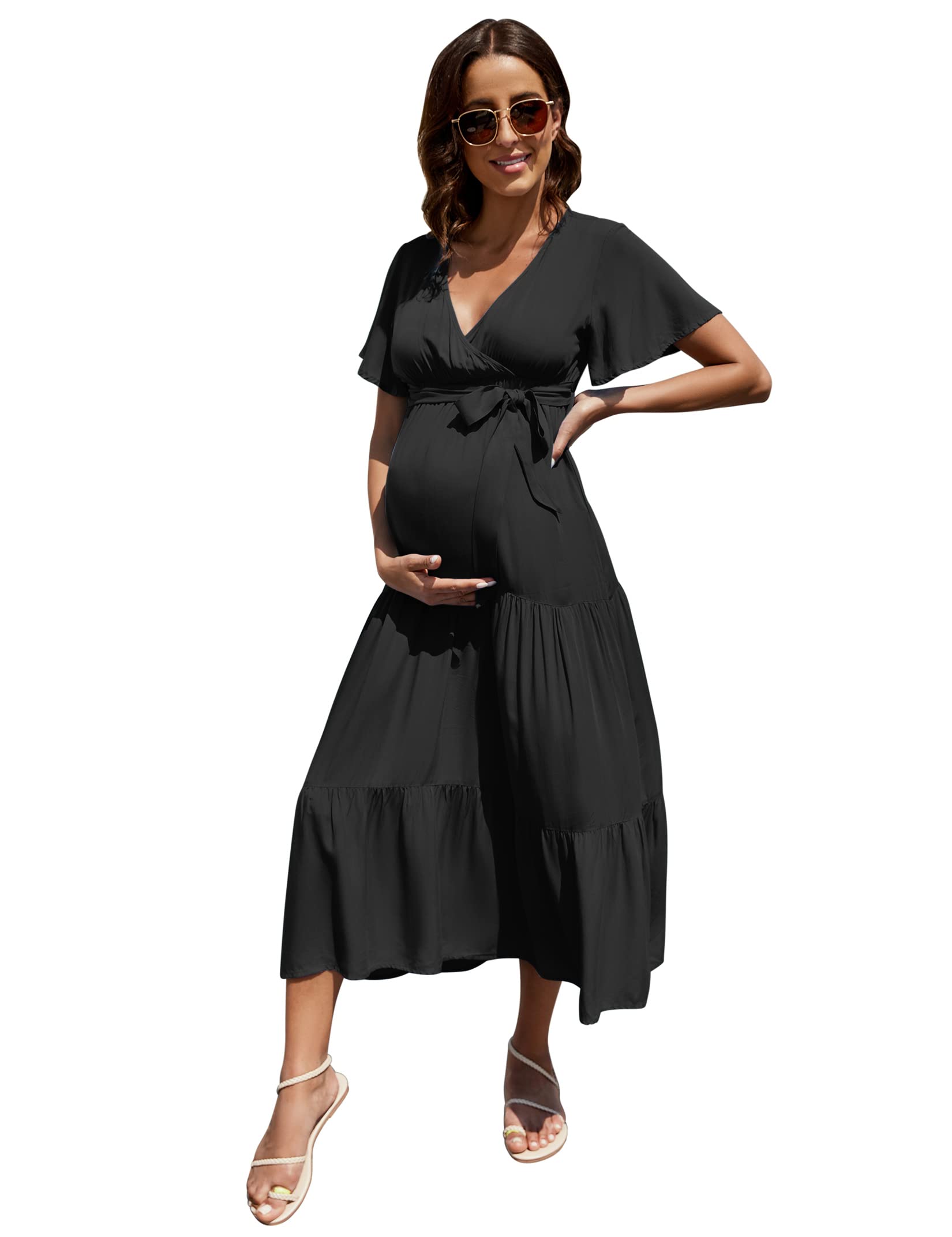 Coolmee Maternity Dress Women's V-Neck Long Sleeve Pleated Maternity Maxi Dress for Baby Shower or Casual Wear