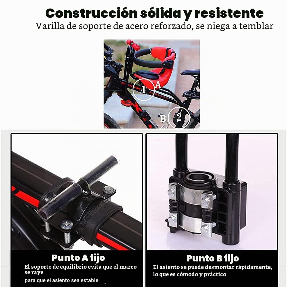 Silla Delantera para Niños para Bicicleta Sillas de Bicicletas para Niños, Asiento Bicicleta para Niños con Cinturón de Seguridad, Respaldo, Pedales, Pasamanos para Niños, Niñas Red