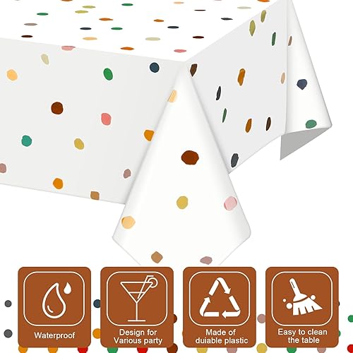 Miniatura 3 de Mantel de 3 piezas con diseño de lunares pintados estilo bohemio para baby shower, mantel desechable de lunares color crema, cubierta de mesa de