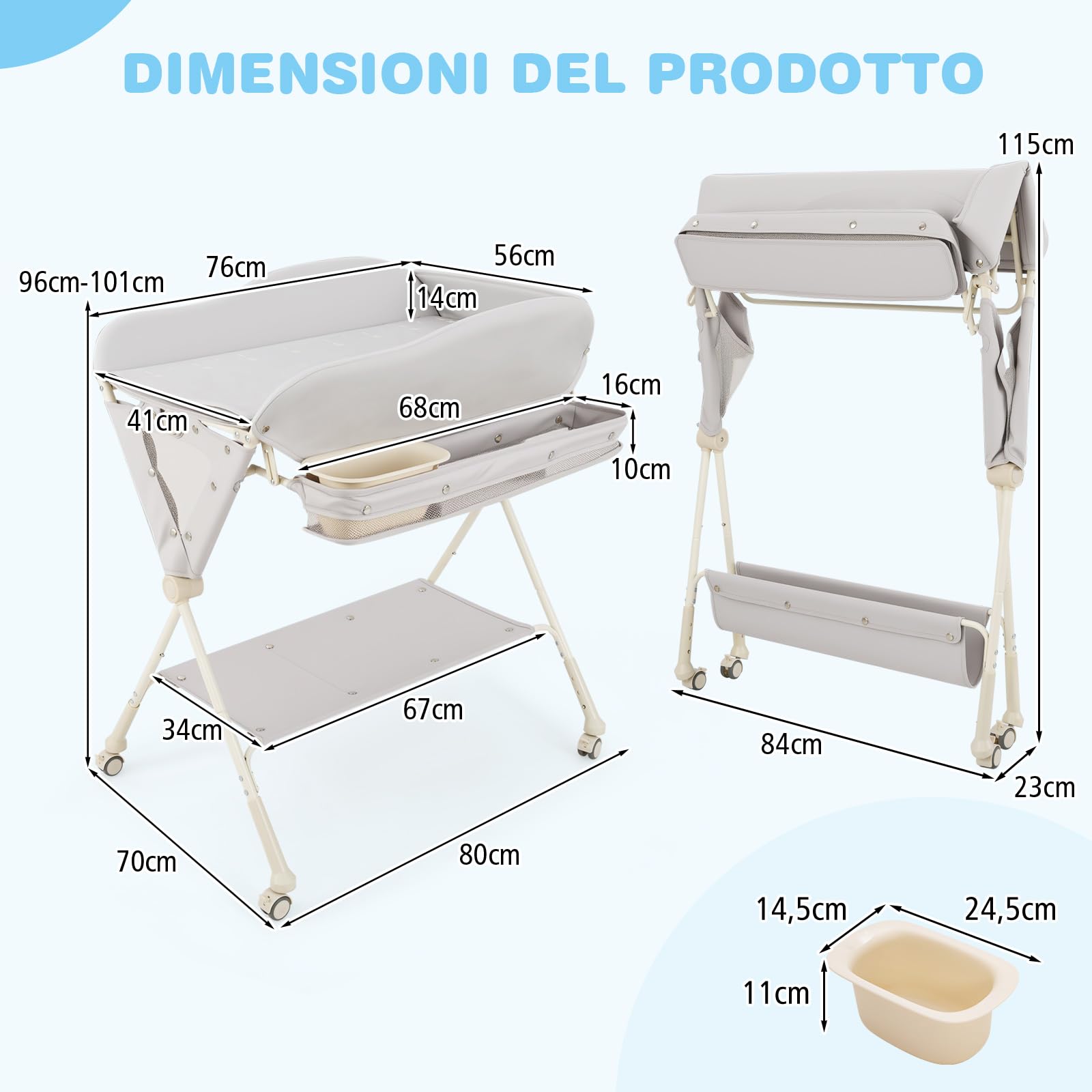 Costway Fasciatoio Pieghevole Neonato Portatile con Altezza Regolabile 3 Livelli, Grigio