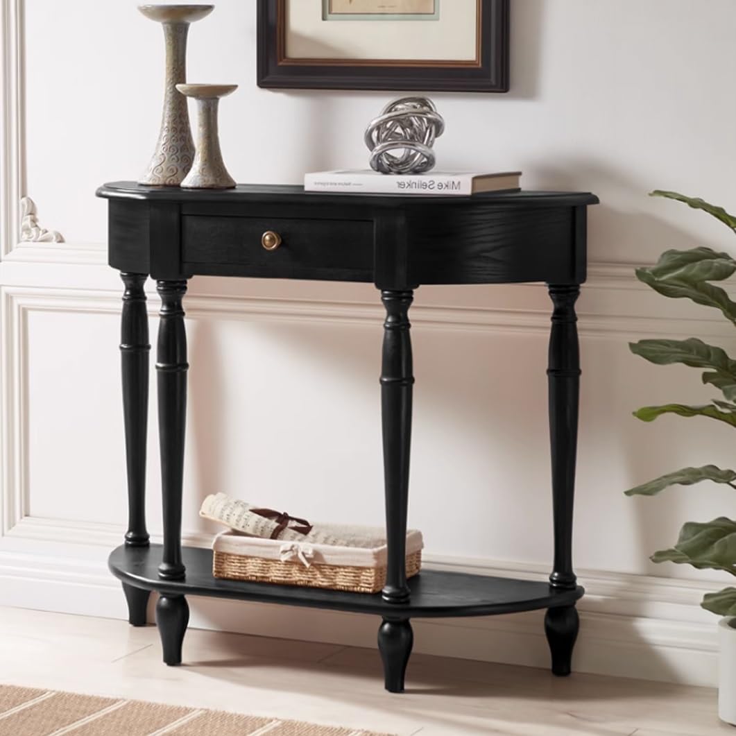 Mesa consola de madera maciza YVYKFZD de 80cm de ancho estilo vintage nero