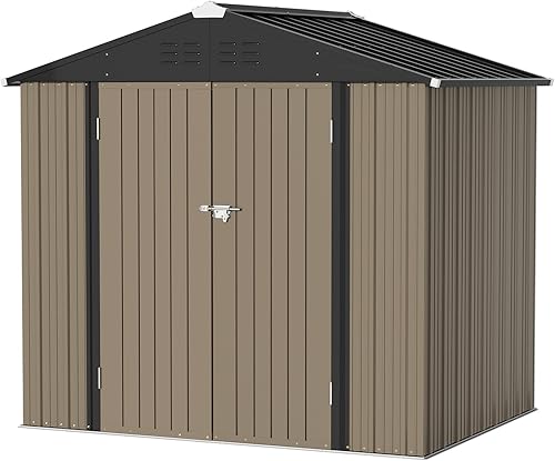 Greesum Cobertizo de almacenamiento de metal para exteriores, 8 x 6 pies, cobertizo de herramientas de acero con puerta y cerradura, cobertizos de