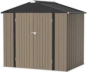 Greesum Metal Outdoor Storage Shed 8FT x 6FT, Steel Utility Tool Shed Storage House with Door & Lock, Metal Sheds Outdoor Storage for Backyard Garden Patio Lawn (8’x 6'), Brown