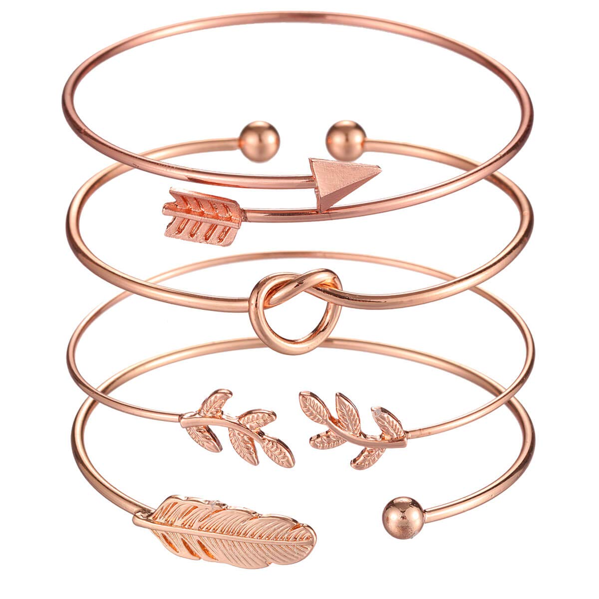 Starain4Pcs Rose Gold Bracelets for Women Simple Leaf Arrow Feather Knot Heart Bangle Bracelet Adjustable Cuff Bracelet Set