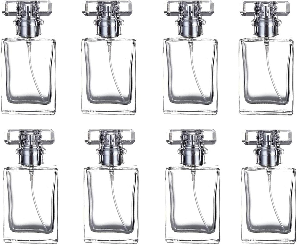 Foraineam 8 Pack 30ml / 1 oz. Clear Refillable Perfume Bottle, Portable Square Empty Glass Perfume Atomizer Bottle with Spray Applicator