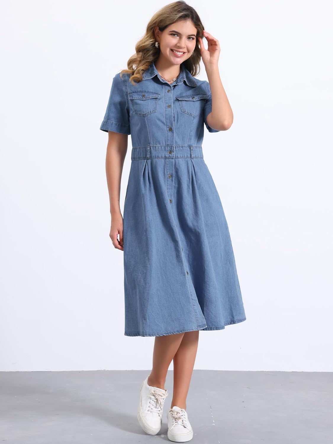Allegra K Denim Dress for Women's Collared Short Sleeve A-Line Button Up Jean Midi Dresses - Image 3