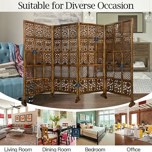 Image of Wooden Room Partition /Screen /Room Divider /Room Separator Burnt Wood Finish (Hand Buffing) Frame Traditional Handicrafts 6Ft Height (30 Inches Width 4 Panel)