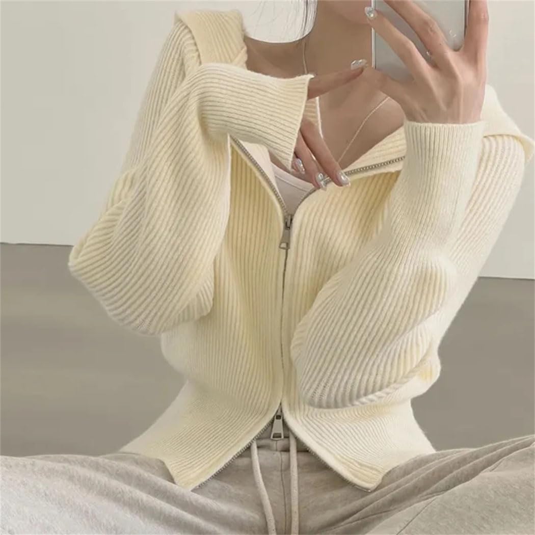 女性ジッパーニットカーディガンカジュアルソリッドフード付きセータートップスプリングアウトゥムロングスリーブショートコート