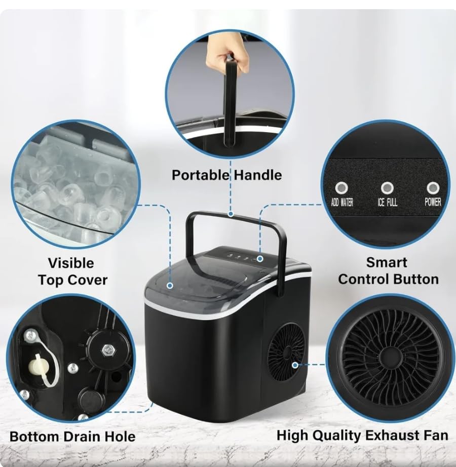 Generic Ice Maker for Countertop, 9 ice Cubes Ready in 6 Minutes, 26lb ice/24hr, self-Clean ice Machine with Plastic Spoon and Basket