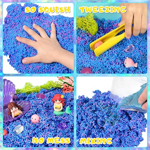 Image of Carolart Mermaid Sensory Bin for Girls, Mermaid Toys, Ocean Sensory Kit | storage bin activity set with sensory foam beasds, ocean sensory gifts for toddlers ages 3-8