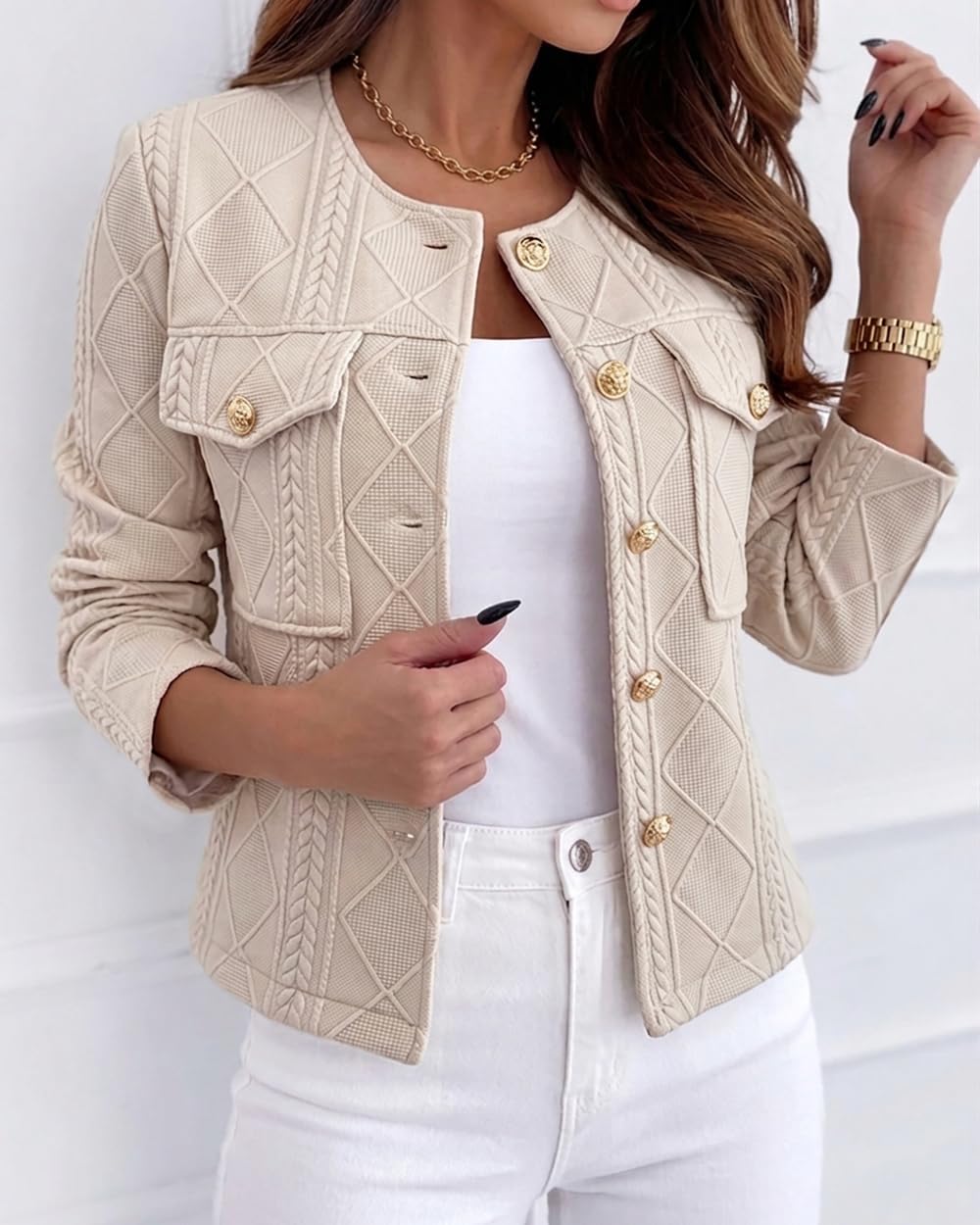 CHICME Womens Bomber Jacket Short Argyle Cable Cardigan Long Sleeve Casual Crew Neck Coat Metal Button Down Jacket