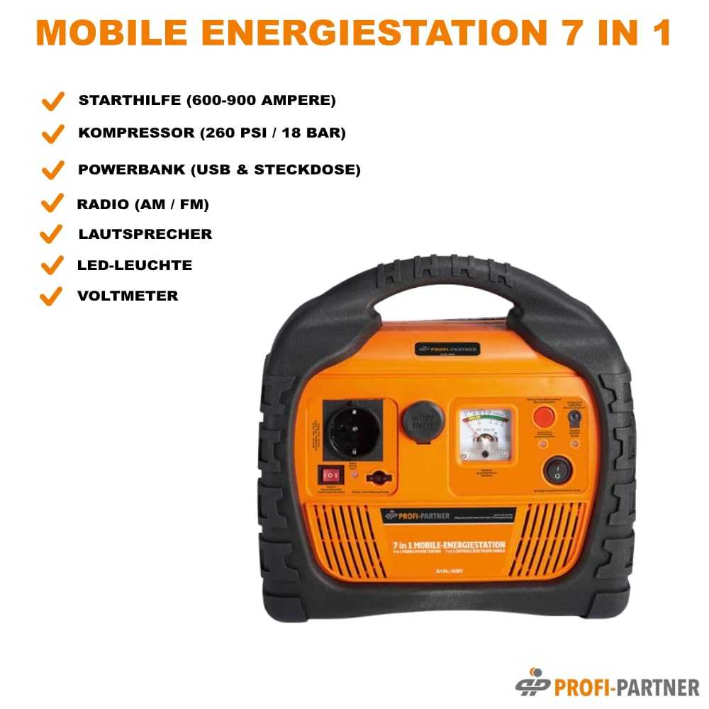 Station d'énergie mobile/station d'énergie portable/démarreur automatique avec compresseur/tuyau et adaptateurs, convertisseur de tension 12 V/230 V prise de courant (400 W), phare LED