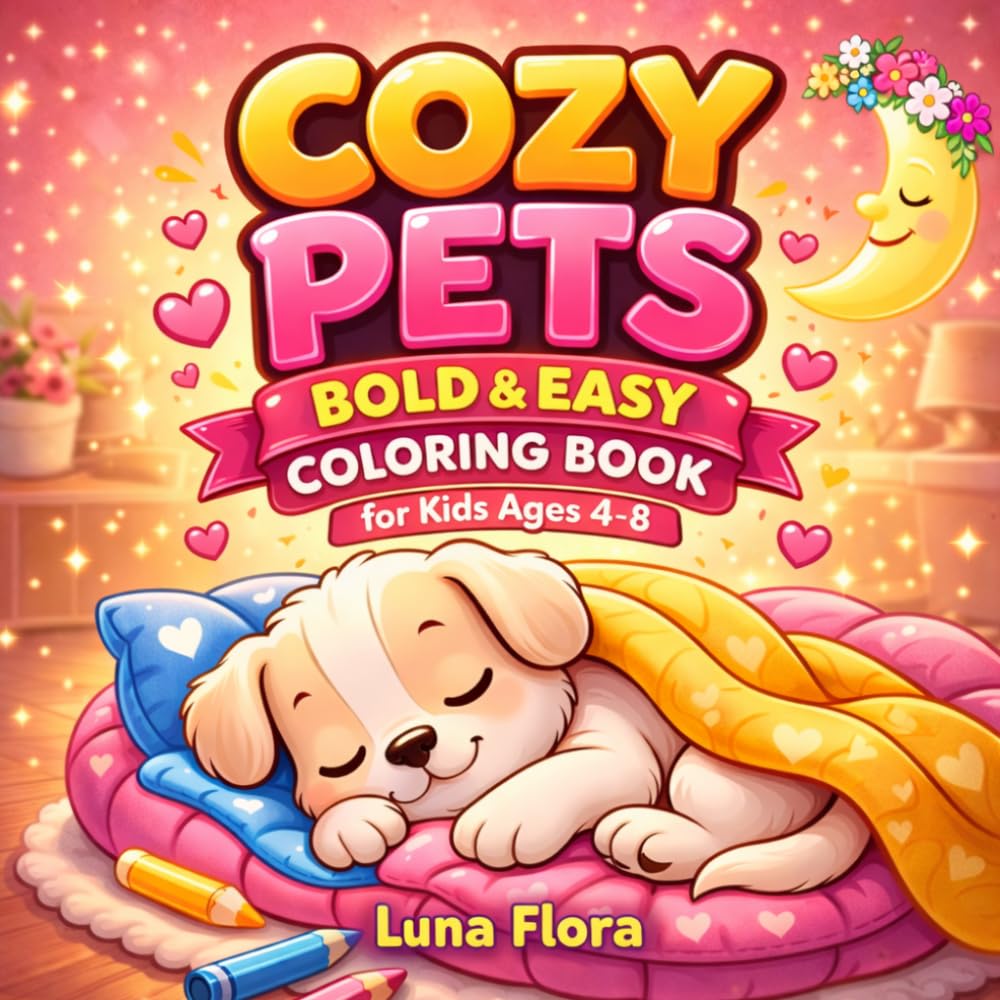 Cozy Pets Coloring Book for Kids Ages 4-8: Bold and Easy Coloring Pages with Puppies, Kittens, Bunnies and Cute Pet Scenes