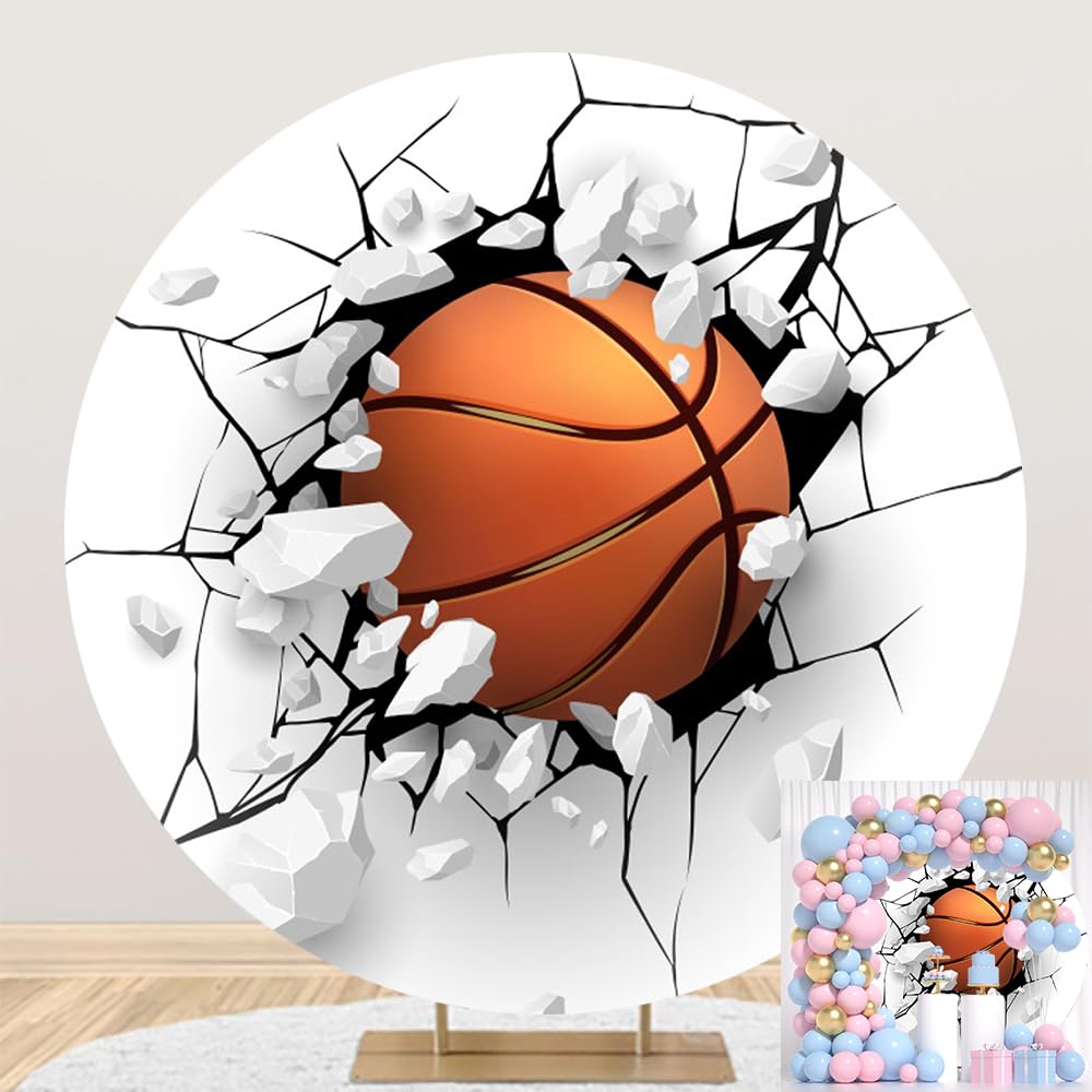 Leowefowa 7.2x7.2ft Polyester Basketball Round Backdrop Cover Cool Ball Breaks Through The Wall Background Sports Theme Birthday Backdrop Boys Baby