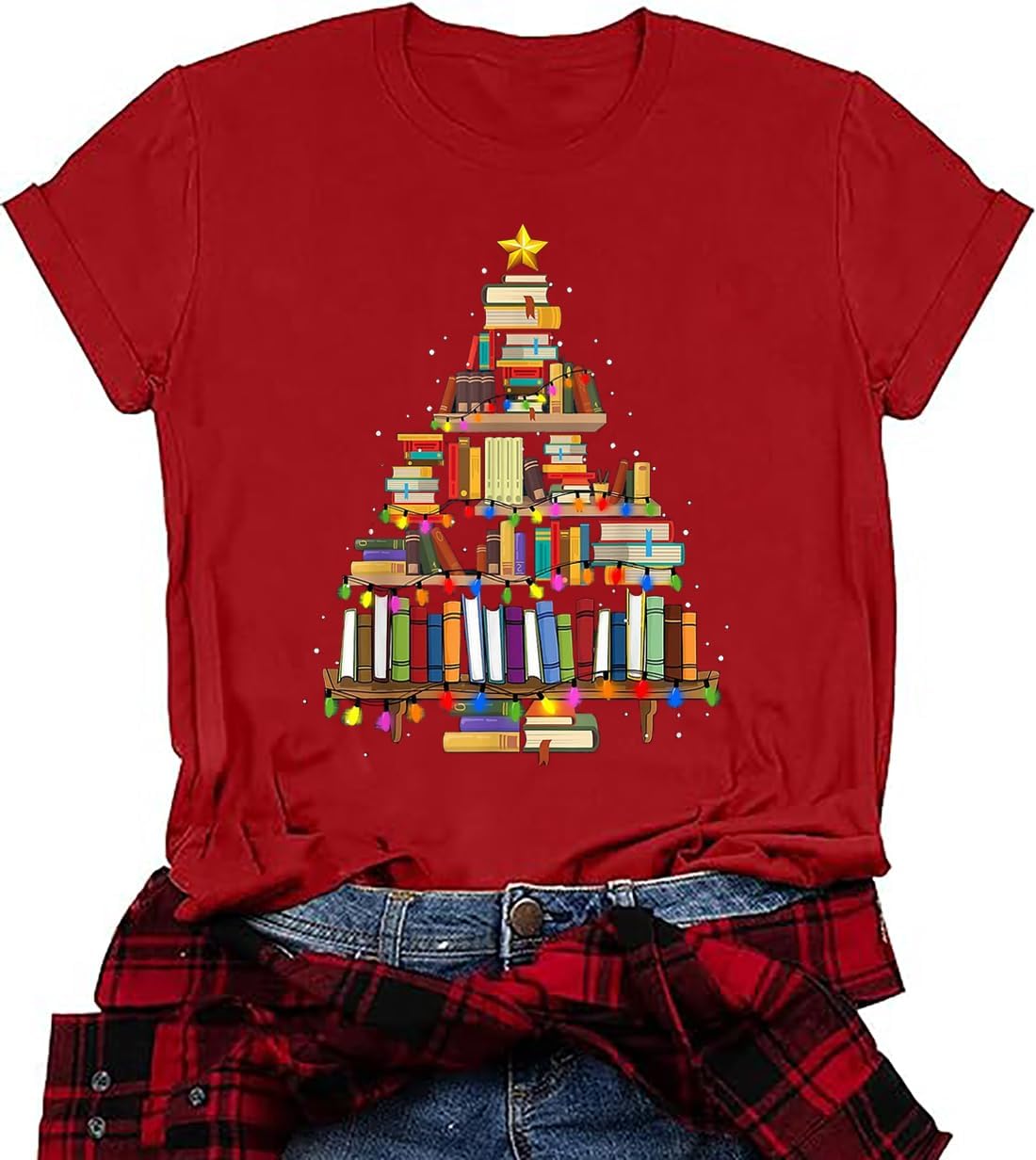 Christmas Books Tree T-Shirt Women Teachers Love Reading Xmas Gift Tee School Christmas Holidays Casual O-Neck Tshirts