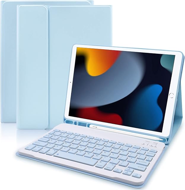 Keyboard Case for 10.2 Inch iPad 9th Generation 2021/8th Gen 2020/7th Gen 2019/Air 3 2019/iPad Pro 10.5 - Slim Protective Case with Apple Pencil Holder and Wireless Detachable Keyboard (Blue)