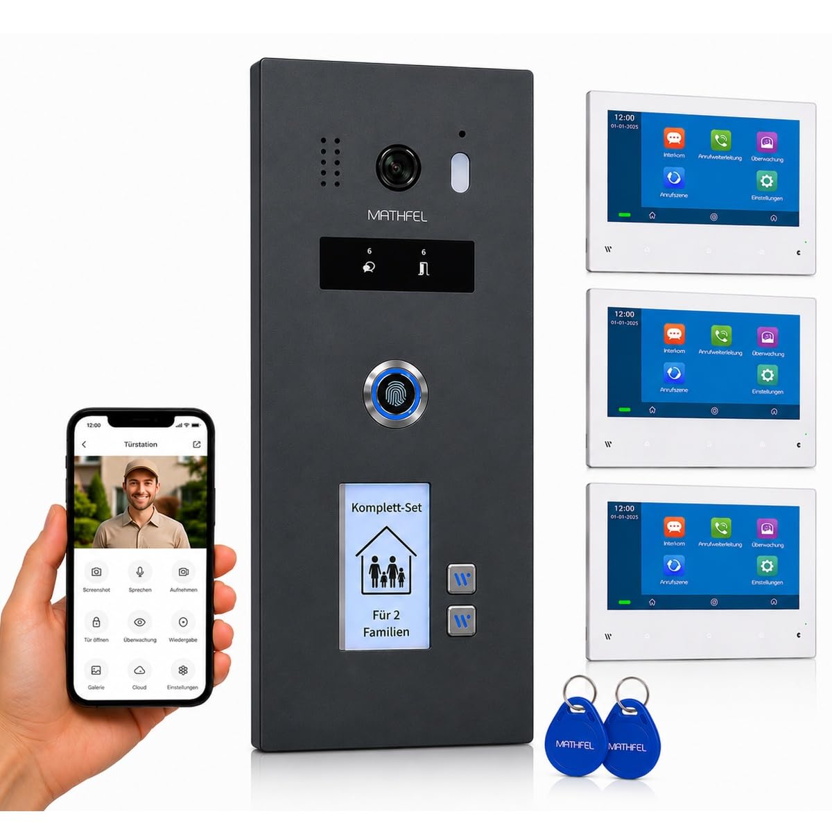 Videocitofono WLAN 2 famiglie, IP65, monitor da 7 pollici, telecamera HD 130°, memoria foto/video, switch PoE