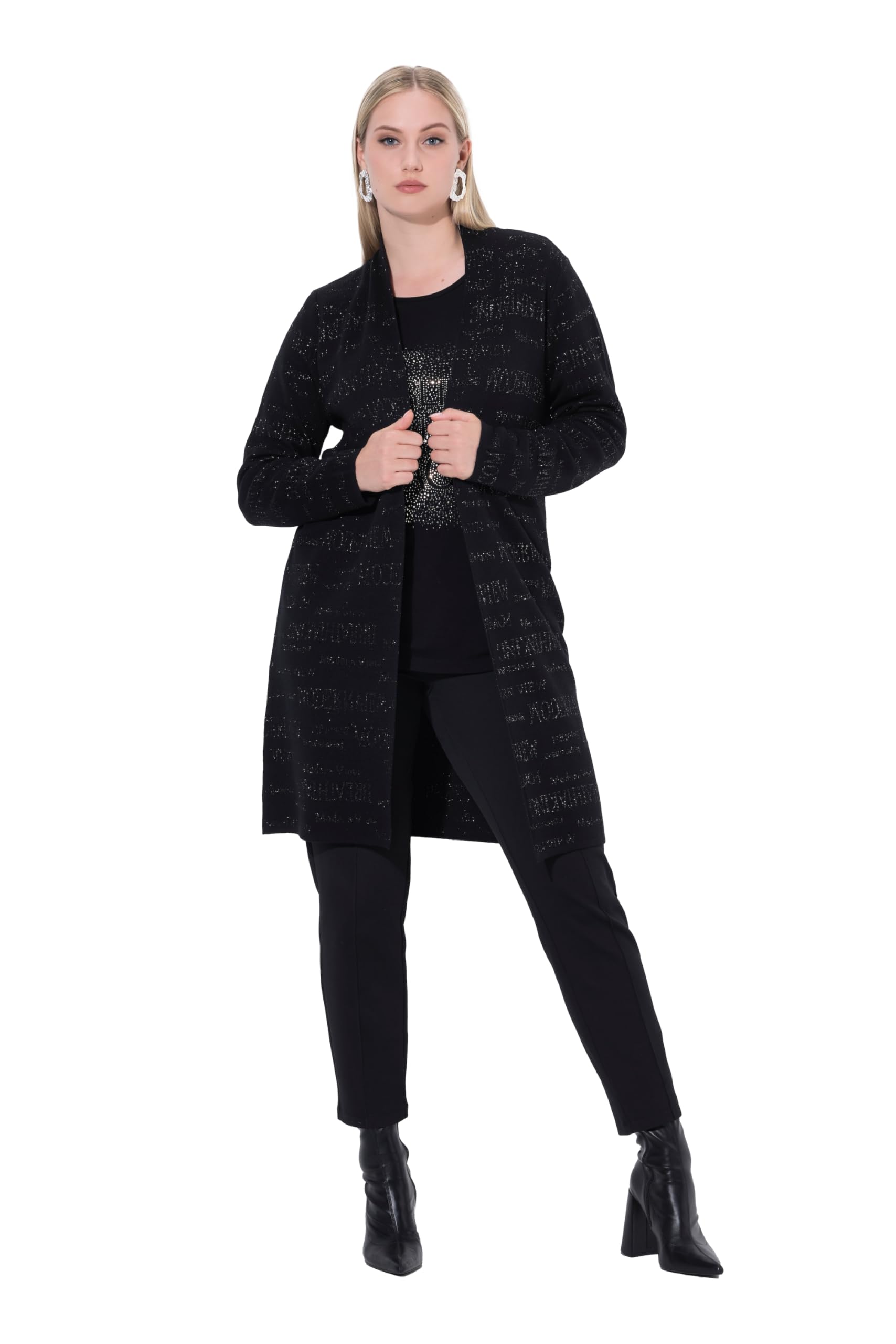 Ulla Popken Damen große Größen Übergrößen Plus Size Strickjacke, Glitzer-Schrift, Stehkragen, Langarm 843693