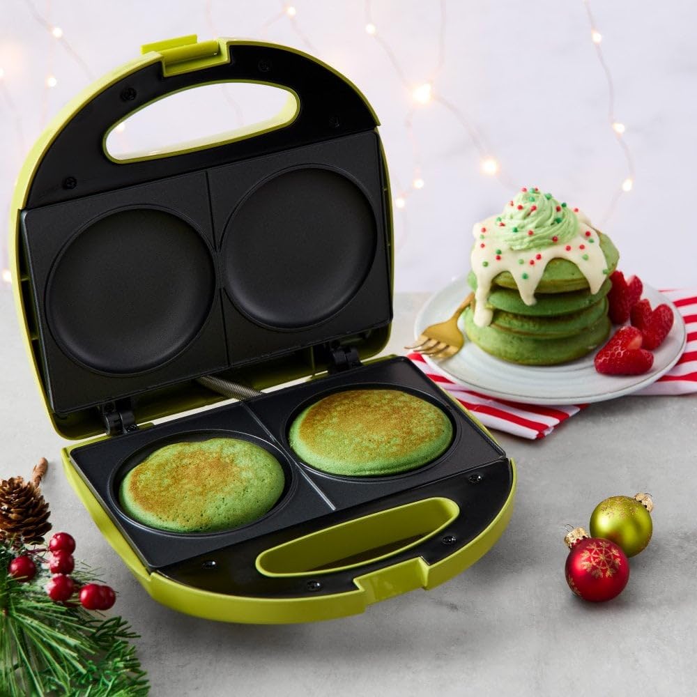 The Grinch from Daewoo Electricals - Máquina para hacer panqueques del Reino Unido, placas antiadherentes, verde, mango de bloqueo, almacenamiento de cables, 23 pulgadas de ancho x 21,6 pulgadas de